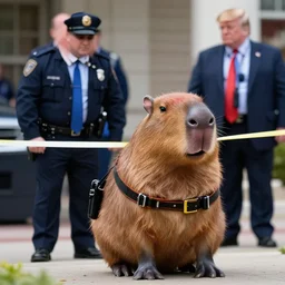 capybara in police clothing placing donald trump under arrest
