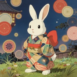 a  traditional JapaneseTorri, by studio ghibli painting, by Joaquin Sorolla rhads Leyendecker, An aesthetically pleasing, dynamic, energetic, lively, well-designed digital art of a bunny rabbit standing up, overlaid with aizome patterns, by Ohara Koson and Thomas Kinkade, traditional Japanese colors, superior quality, masterpiece