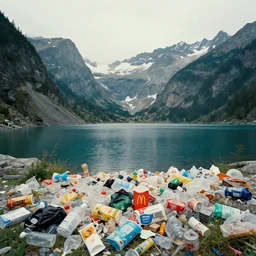 a very high resolution image from a new movie. mountains, lake, garbage plastic, fast food, photorealistic, photography, directed bywes anderson