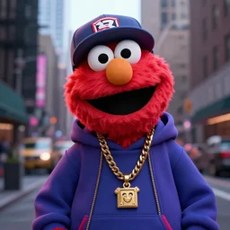 Elmo from sesame street dressed up as a stylish rapper, wearing a hoodie and gold chain and backwards hat, in New York City, highly detailed, 4K, moody lighting, 90’s vibe, 3d render, octane redshift, 8k