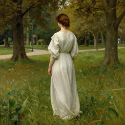 beautiful pre - raphaelite painting of woman from the back, alone in a park, trending on artstation,
