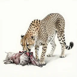 A pencil drawing of a cheetah eating its prey, highly detailed