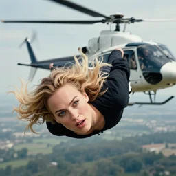 a photo of margot robbie falling in the sky next to a helicopter, hyper realistic faces, beautiful eyes, cinematic, long shot, hyper detailed, 8 5 mm photograph, 8 k resolution, film still, sharp lens, wide lens
