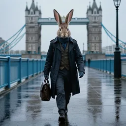 a detective walking in a rainy weather, london bridge, the detective is rabbit, cyberpunk,