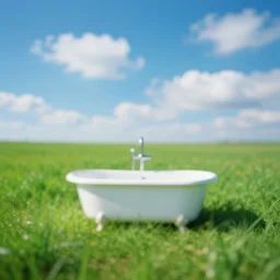blurry vibrant surreal dream like image of a bathtub in the middle of the a grass field at broad daylight blue sky with cloads taken using dream recording device