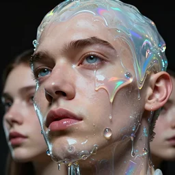 neo modernist extreme close up of gorgeous hyperrealistic male head melts!! like iridescent ice cream, digital art masterpiece, highly detailed neo pop surrealism, jason limon kay sage hannah yata, dramatic lighting, low angle, uhd 8 k, sharp focus