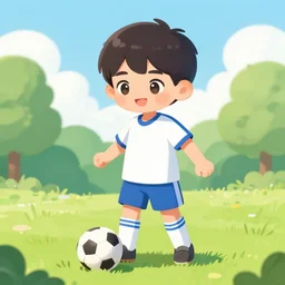 a young boy wearing soccer clothes in the park, digital art