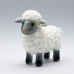 a cute and small glass statue toy in the shape of a white woolly lamb with black glass legs