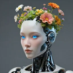close up portrait of a cyborg with flowers growing out of its head, photograph