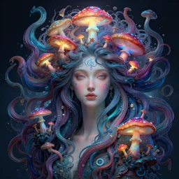 a sea goddess with colorful flowing tentacles hair having an colorful enlightening, magic mushrooms, psilocybin, lsd, face, detailed, intricate, elegant, highly detailed, digital painting, artstation, concept art, smooth, sharp focus, illustration, art by hana yata, artem demura, alphonse mucha, octane render, unreal engine, 8 k