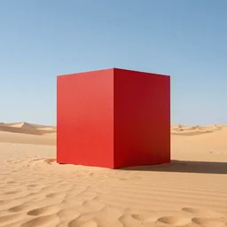 Big red cube in the middle of the desert, photograph,