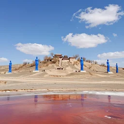 a gorgeous of a hill surrounded by barren blue desert, statues of towering blue woman scattered in the sand by barlowe wayne maxfield parrish and marco mazzoni. tree no leaf!!!! china mountain village!! blue and very little light verdancy. towering clouds. ultra clear detailed. 3 d, octane render. turbulent blood lake.