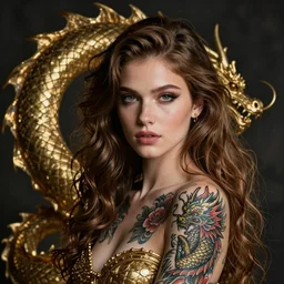 dragon with tattoo of a girl, hyperrealistic