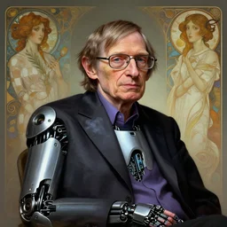 stephen hawking's as a robot, diffuse lighting, fantasy, intricate, elegant, highly detailed, lifelike, photorealistic, digital painting, artstation, illustration, concept art, smooth, sharp focus, art by john collier and albert aublet and krenz cushart and artem demura and alphonse mucha