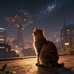 cat sitting on a wooden deck, staring into the sky, night, dramatic warm lighting, futuristic cyberpunk cityscape in background, stellaris concept art, ringworld structure in sky, coherent