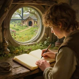 frodo writing in his journal inside his hobbit hole bag end at the end of his journey, hobbiton visible through a window, by alan lee, michal karcz, smooth details, lord of the rings, game of thrones, smooth, detailed terrain, oil painting, trending artstation, concept art, fantasy matte painting, over the shoulder camera shot