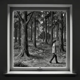 looking from window house, forest, walking boy, artwork by Rene Magritte, night, pinhole analogue photo quality, monochrome, blur, unfocus, cinematic, 35mm