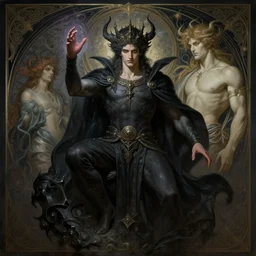 attractive male deity, casting dark magic, summoning handsome lucifer morningstar, fantasy, intricate, elegant, highly detailed, digital painting, artstation, concept art, matte, sharp focus, illustration, art by artgerm and greg rutkowski and alphonse mucha