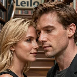 a close up portrait of michael mcintyre & a blonde lady on staircase at livraria lello, real life skin, intricate, highly detailed, artstation, concept art, smooth, sharp focus, art by artgerm and greg rutkowski