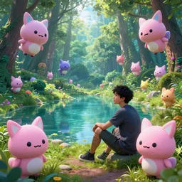 stunning view of cyberpunk teenage mixed race male sitting beside an enchanting small lake in the middle of a lush magical forest, inhabited by flying tamagotchi's, mech tamagotchis flying around, beautiful, 8 k wallpaper, in the style of josan gonzalez and laurie greasley