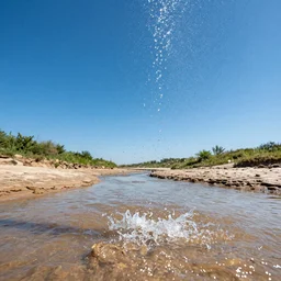 Massive drops of water floating over dry river, sunny weather, perfect blue sky saturated colors, hyper detailed photorealistic