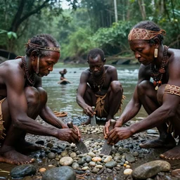 prehistoric people, asemble at the river bank, make stone adze from pebble at the river bank in the rainforest, and fishing, high qulity realistic face, hyper - realistic, highly detailed, 8 k, cinematic lighting, global illumination, elegant, ornate, super detail, the light is dim, and the colours are muted. kodak etkar 1 0 0