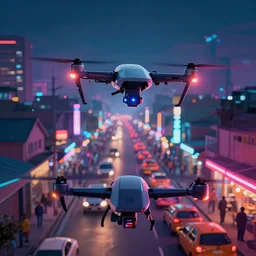 3 d vfx art of flying drones above - a neon lit - bustling ajegunle street, cinestill 8 0 0 t photograph, unreal engine render, digital illustration, illustration style by mike winkelmann, sharp, intricate detail, volumetric light, ray tracing, soft light, colourful, surreal environment, first person view,