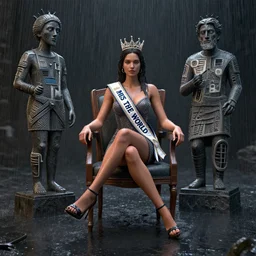 3 d octane render unreal engine of miss of the world in the rain sitting on the chair by conrad roset and conrad roset and conrad roset and basquiat