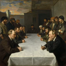 portrait of sad old vladimir putin sitting at the very long empty table looking at peasants. painting by ilya repin and valentin serov and viktor vasnetsov tretiakov gallery
