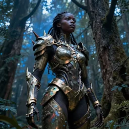hyperrealistic expressive! black woman with detailed exoskeleton armor, merging with tree in a forest, concept art masterpiece brad kunkle hannah yata dramatic blue light low angle hd 8k sharp focus