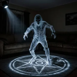 transparent horror demon evil spirit attacks in living room with summoning circle pentacle out interior photos shot on iphone, dynamic pose, full body shot, sharp focus, grainy, corpse, paranormal flashlight, deep night, total darkness,
