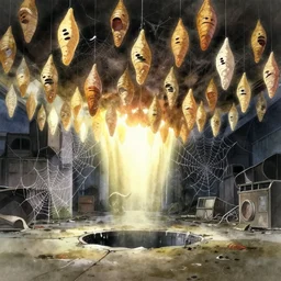 anime movie scene, mamoru oshii, otomo, ultra wide, vanishing point, silk cocoons hang from ceiling like lanterns, watercolor, spiderwebs, arachnophobia, dripping, sewer pipe entrance, sun beam, dusty volumetric light, back lit, paper texture, spider nest, deserted shinjuku junk, brutalist, golden ratio