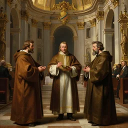 beautiful oil matte portrait painting, priests holding a church ceremony inside a baroque cathedral, wonderful masterpiece highly detailed, beautiful cinematic light deep focus, elegant, digital painting, smooth, sharp focus, golden ratio, dramatic illumination, ultra realistic, 8 k, art by giovanni bellini and caravaggio