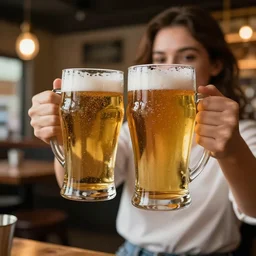 beer advertise still - pretty girl carries two big glasses of beer, modern pub, reflections, sharp focus, bokeh, octane render, rtx, intricate details, 8 k, hyper realistic