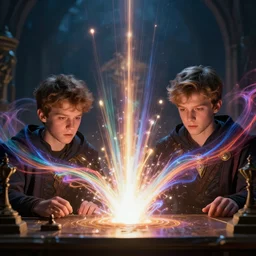 a mage and his brother they are in front of the desk working on a new spell that is casting out flowing energy, colorful, flowing energy, light rays, consistent face, medium shot, waist up, sharp, concept art, highly detailed, bloom, dramatic lighting, cinematic