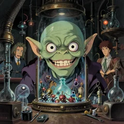 ragged cyborg goblin with maniacal expression and bulging eyes inside byzantine hong kong hoarder labaratory, portrait by by greg rutkowski and h. r. giger and stalenhag and deak ferrand, studio ghibli composition