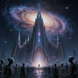 galaxy cathedral, amazing digital art, trending on art station, alien crowds worshipping the artifact, sci - fi astral