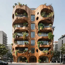 hyperrealstic photo of front view of a futuristic timber building in an urban setting, the building has many balconies with hanging plants, parts of the building are covered with wooden facade that has huge holes, zaha hadid, frank ghery, 8 k