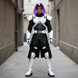 arrogant male with white sci - fi tactical gear, black leather garment, purple transparent sci - fi hood, full shot fashion photography, alleyway, battle ready, by irving penn and storm thorgerson, ren heng, peter elson
