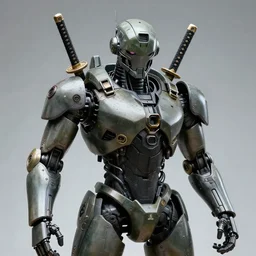 combat android, gun for a head, katana arms, face, military prototype, photography, journalism, dessert