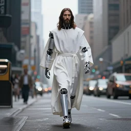 jesus christ wearing a white robe with robotic arms and robotic legs walks in downtown new york in the future, intricate, hyper detailed, accent lighting, dramatic light, 4 k octane render