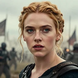 close up cinematic artwork of Scarlett Johansen staring down the enemy on the battlefield by Greg Rutkowski, 4k, masterpiece