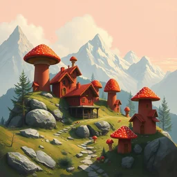 red mushroom houses, mountains, painted by sylvain sarrailh, rhads, ferdinand knab, trending on artstation