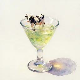 tiny miniature small cow in glass cocktail drink | watercolour painting | featured artstation | impressionist