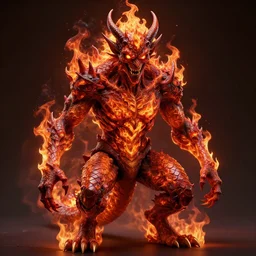a highly detailed scary full body demon by alex gray, android jones, karol bak, ayami kojima, artgerm, concept art, dragon skin, hell fire, fire amber, glowing eyes, smirking angry expression, 3 d, octane render, 8 k, unreal engine