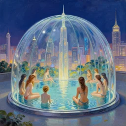 enchanted city of liberland by zaha hadid, glass dome, with pretty women enjoying water, hyperdetailed, artstation, painting by gaston bussiere, craig mullins, j. c. leyendecker r