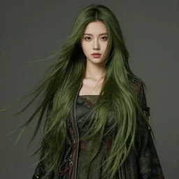 a beautiful woman with long flowing olive green hair, detailed clothing, dark aesthetic, realistic setting