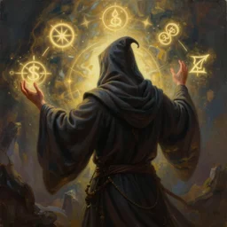 an epic painting of the wizard in the hood, making hand passes surrounded by glowing symbols to create new era, back view, mystic, oil on canvas, perfect composition, golden ratio, beautiful detailed, photorealistic, digital painting, concept art, smooth, sharp focus, illustration, artstation trending, octane render, unreal engine