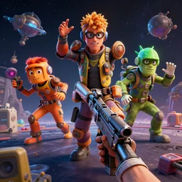 a 3 rd person action video game that breaks the mold, chromatic colors, in space, wacky style, irreverent characters, hyperrealistic, octane render, dynamic lighting, intricate detail, trending on artstation