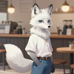 art of a white and gray anthro furry arctic fox furry sona character wearing blouse and jeans, looking at viewer, on a coffee shop background, profile picture digital art, trending on artstation, pixiv, deviant art